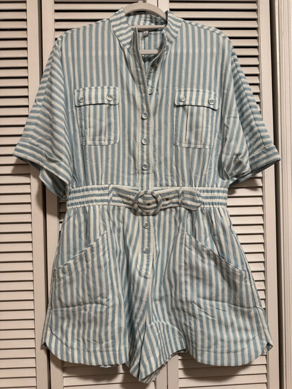 🆕 Aqua Blue/White Stripe Belted Romper - L - Picture 3 of 11